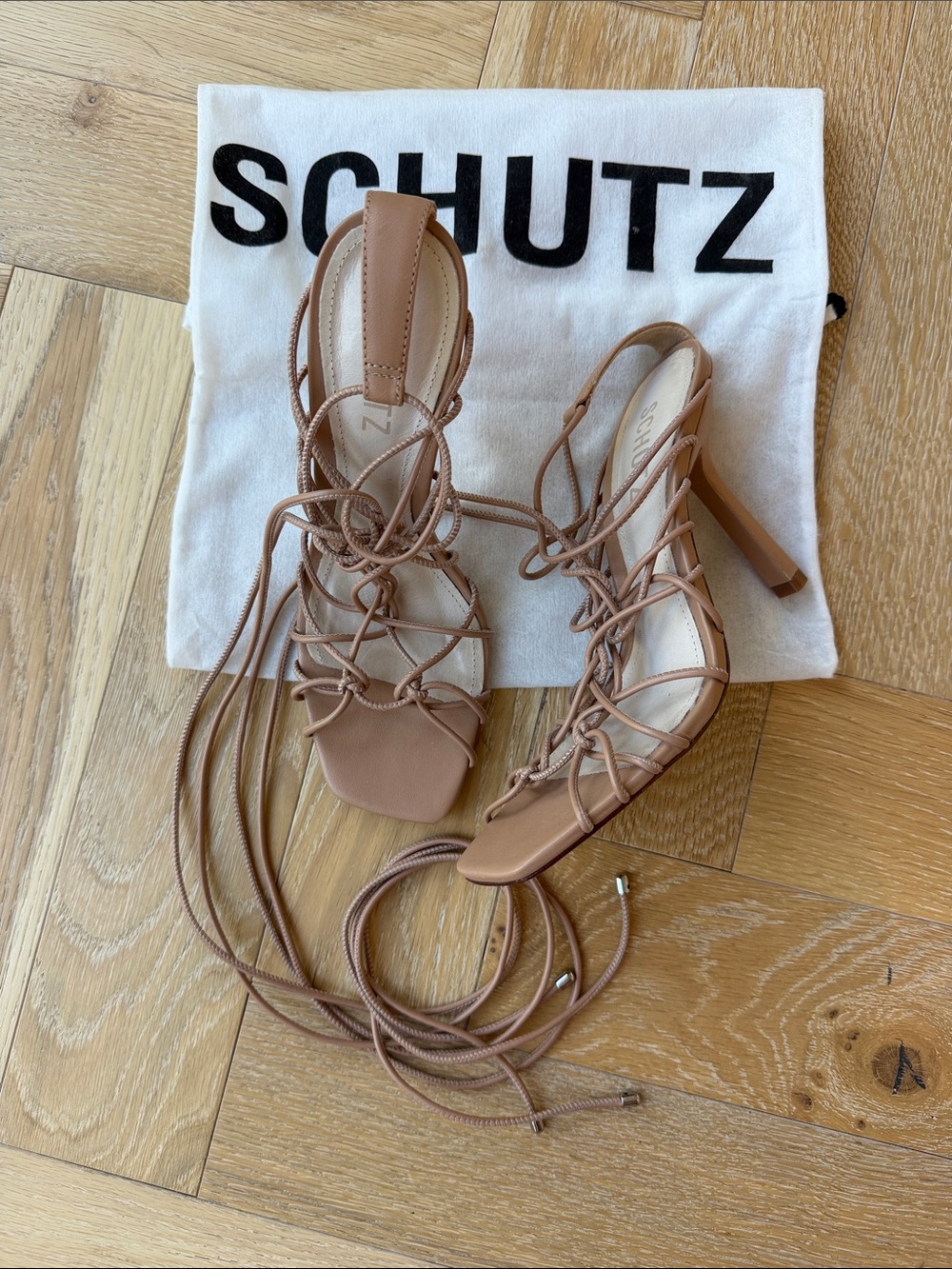 SCHUTZ Strappy Lace-Up Heeled Sandals in Taupe